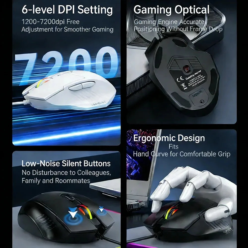 KEBIDUMEI 6 Buttons USB Wired Mouse 6 Levels up to 7200DPI Mouse Ergonomic Gaming Mouse Plug and Play For Laptop Windows MacOS