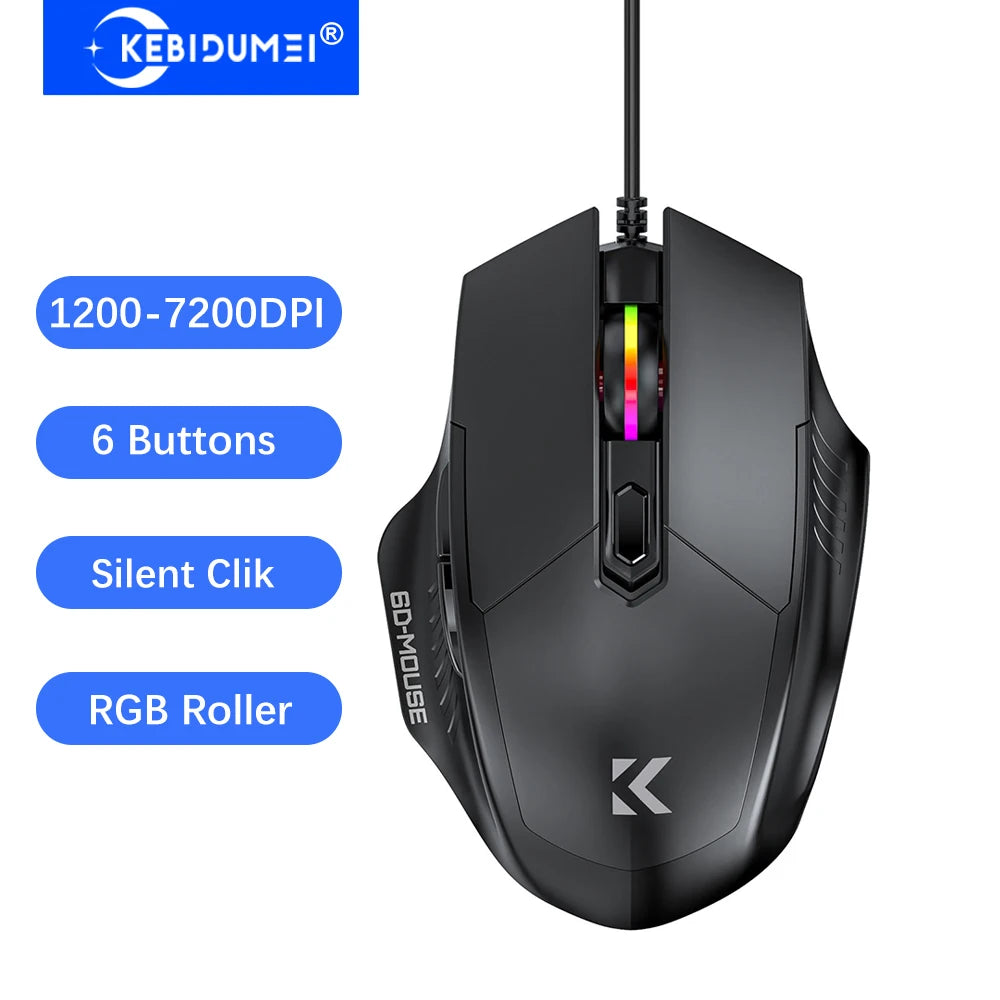 KEBIDUMEI 6 Buttons USB Wired Mouse 6 Levels up to 7200DPI Mouse Ergonomic Gaming Mouse Plug and Play For Laptop Windows MacOS