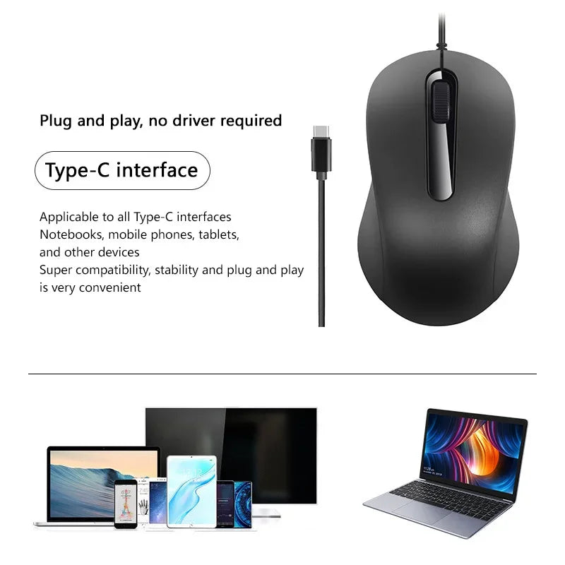 Mouse Lenovo Wired Mouse Type-C Plug Ergonomic Design Tablet Notebook Office Optical Silent Mouse For PC Android IOS
