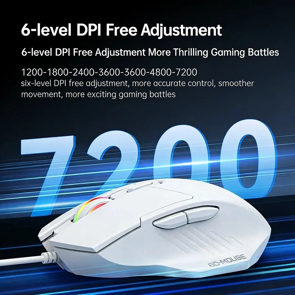 KEBIDUMEI 6 Buttons USB Wired Mouse 6 Levels up to 7200DPI Mouse Ergonomic Gaming Mouse Plug and Play For Laptop Windows MacOS