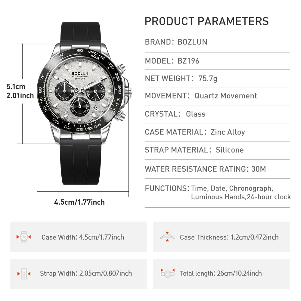 BOZLUN Luxury Movement Quartz Watches For Men Women Chronograph Wristwatch Fashion Luminous Hands Waterproof Watch Reloj Hombre