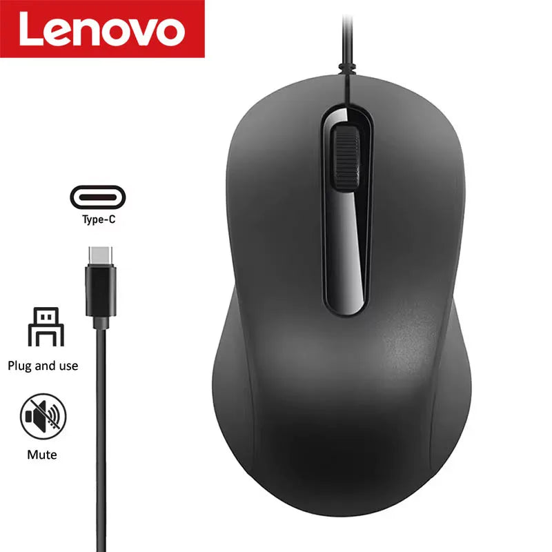 Mouse Lenovo Wired Mouse Type-C Plug Ergonomic Design Tablet Notebook Office Optical Silent Mouse For PC Android IOS